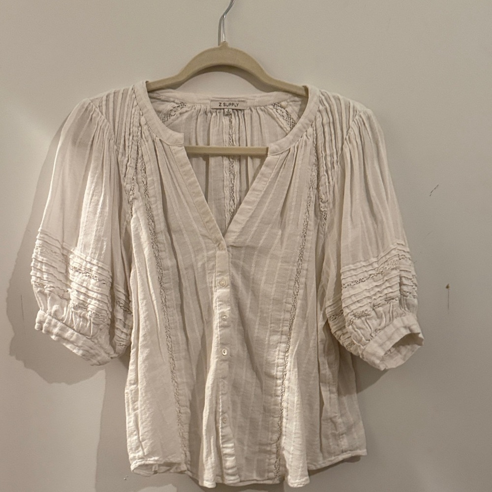Z Supply White Cotton Blouse with Lace Trim - S